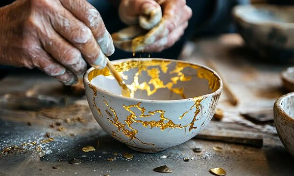 Artisan's Hands Decorating a Bowl with Gold