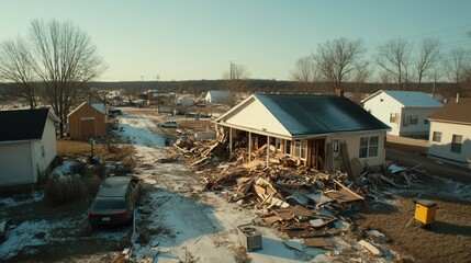 Devastated house with debris scattered around, reflecting environmental impact.
