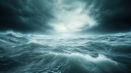 Dramatic ocean scene with turbulent water and dark, moody skies.