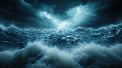Obraz premium Dramatic ocean waves under a stormy sky with dark clouds and lightning.