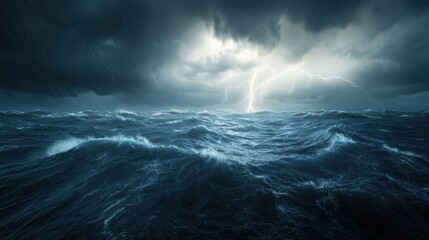 Fototapeta premium Dramatic ocean waves under a stormy sky with lightning in the background.