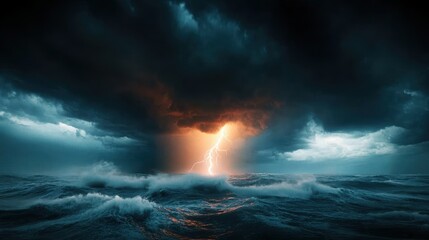 Fototapeta premium Dramatic storm over ocean with dark clouds, lightning flashing, and turbulent waves.