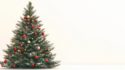 The Christmas tree features lush green branches adorned with colorful ornaments and a light dusting of snow, perfectly positioned to the right of the frame, copy space
