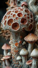 Close-Up of a Cluster of Mushrooms with Intricate Details