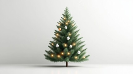 Elegant Christmas tree adorned with ornaments and lights, isolated on white background.