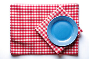 Minimalist red and white checkered tablecloth with blue plate isolated on white background