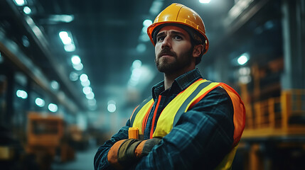 A construction worker in a hard hat and safety vest stands with arms crossed in a dimly lit warehouse.