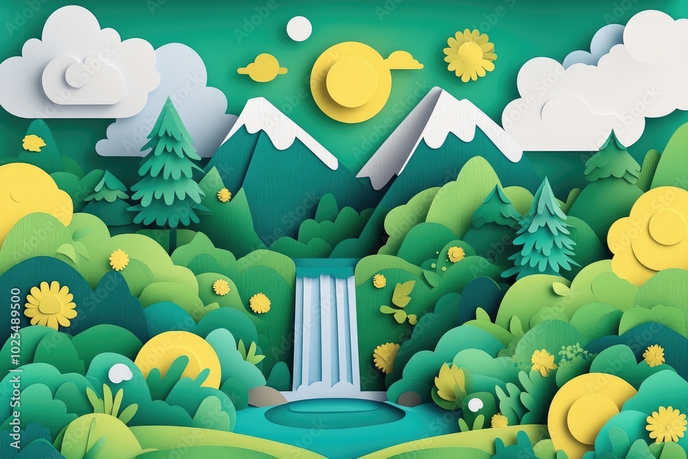 Poster mountain waterfall cascading down rocky cliffs in a serene natural setting, cascading waterfall flow