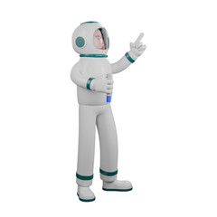 Professional Astronaut 3D Art. A male astronaut stands while pointing upwards with his right hand and holding a tool in his left hand. Male Space Engineer Character