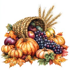 A vibrant cornucopia overflowing with colorful fruits, pumpkins, and wheat, celebrating the autumn harvest season.