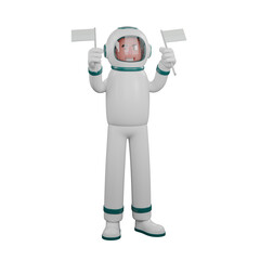 Male Astronaut with Space Suit. A male astronaut stands holding a white flag in both hands. 3D Illustration