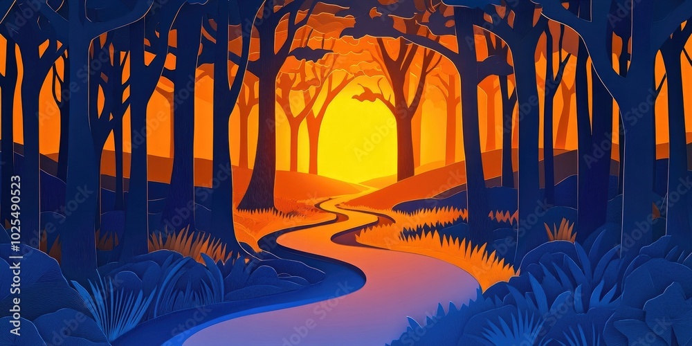Poster Footpath winding through a forest, illuminated by the warm rays of the setting sun, Winding footpath through forest with warm sunset illumination