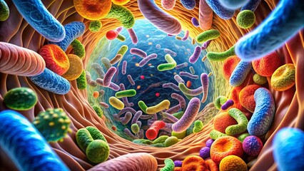Obraz premium A vibrant tapestry of microscopic life, a kaleidoscope of colors showcasing the intricate dance of bacteria within the human body.