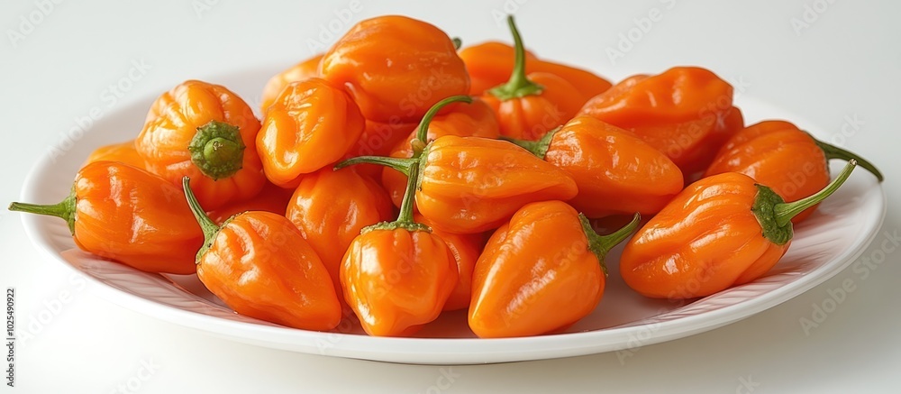 Wall mural A white plate piled high with bright orange habanero peppers.