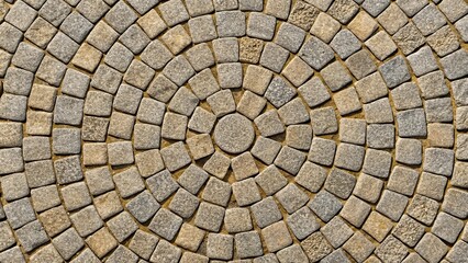 Minimalist seamless texture of round stone block pavement with grass or sidewalk