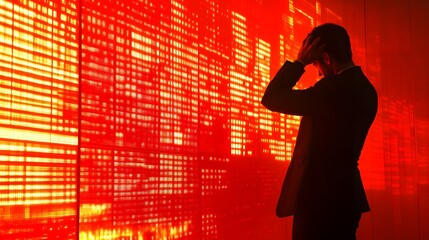 A man in a suit, overwhelmed and holding his head, while a giant digital display behind him reveals falling stock prices in bright red. 