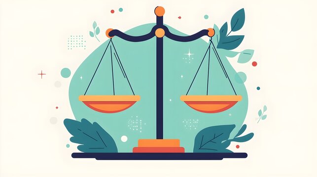 A flat design illustration of balanced justice scales, with equal weights on both sides, visually depicting the concept of fairness and impartiality. 