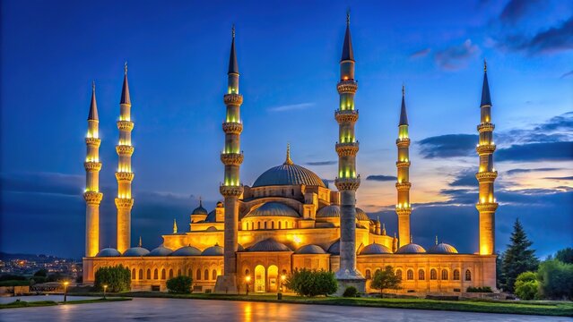 Minimalist Selimiye Mosque in Edirne at night during Ramadan