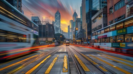 Obraz premium Hong Kong Street Scene with Blurry Trams and Skyscrapers at Sunset