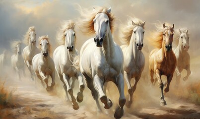 Obraz premium A breathtaking dynamic scene of running horses, showcasing their grace and power in a natural setting under dramatic lighting.