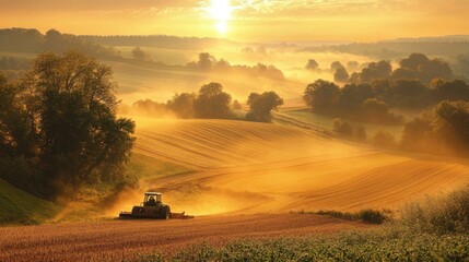 Fototapeta premium A farmer plowing a vast farmland with a tractor, surrounded by crops and trees, during sunrise.
