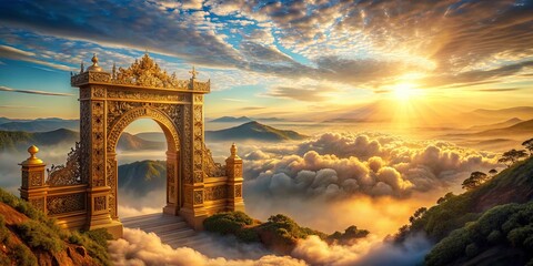 Fototapeta premium An ornately carved golden archway stands at the peak of a misty mountain, bathed in the warm glow of a setting sun, promising a pathway to a realm beyond the clouds.