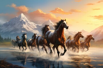 A dynamic herd of horses galloping through a serene landscape at sunset, framed by majestic mountains and a shimmering water body.