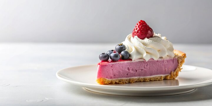 Minimalist slice of pie with white frosting, blueberry, raspberry whipped cream