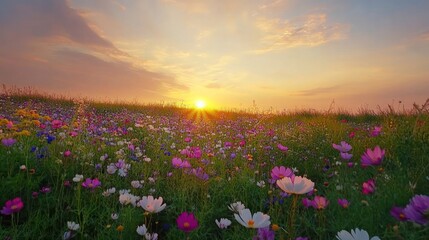 Obraz premium A field of colorful wildflowers, with shades of pink, purple, and white, stretching into the horizon under a warm golden sunset
