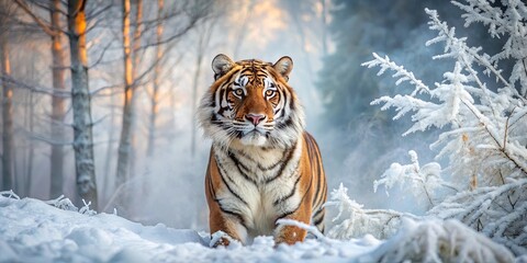 Obraz premium A Majestic Tiger Stands Tall Amidst a Frosty Winter Landscape, Its Fur Gleaming Under the Soft Light of the Rising Sun