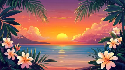 Vibrant Sunset Over Calm Ocean with Tropical Foliage
