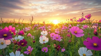 Obraz premium A field of colorful wildflowers, with shades of pink, purple, and white, stretching into the horizon under a warm golden sunset
