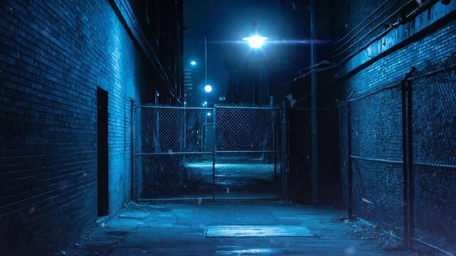 A dark alleyway in the city with a streetlamp shining. The alleyway is enclosed by brick walls, and a chain link fence in the middle. 