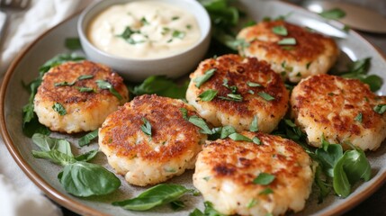 Crispy Fish Cakes with Herbal Garnish and Sauce