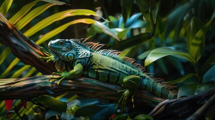 A Green Iguana Resting on a Branch in Lush Foliage