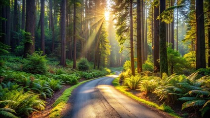 Fototapeta premium A winding road through a vibrant forest, sunlight filtering through the canopy, illuminating the path and casting long shadows on the verdant ground.