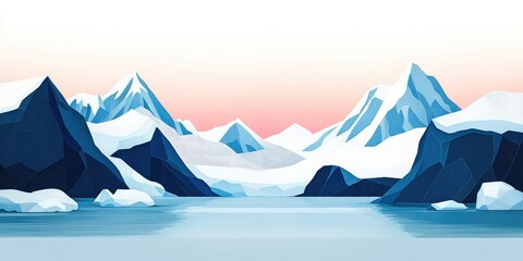 Snow-capped mountains adorned with glaciers in a remote bay of the Polar Regions, Glacier covered mountains in a remote polar bay
