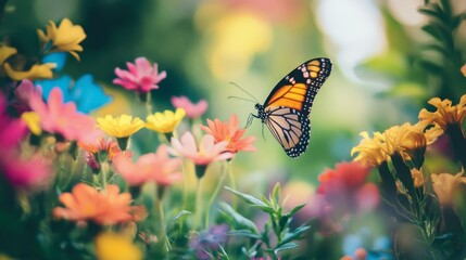 Colorful Butterfly Among Vibrant Spring Flowers