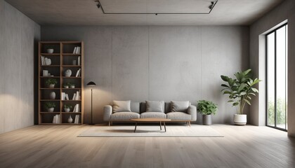 Generate a highly realistic image of a completely empty big room, in a minimalist style, showcasing a modern design, only carpet and wood floor, and floor lamp, concrete wall. There should only be a b