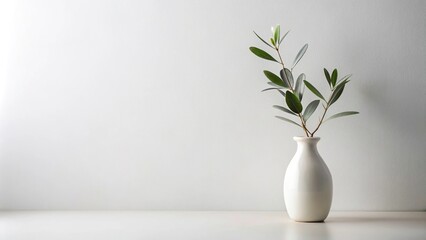 Minimalist still life photography of a ceramic vase with olive branch on a white background with reflection