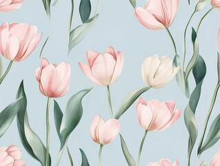 Watercolor-style pattern featuring soft pink and white tulips with lush green leaves on a light blue background.