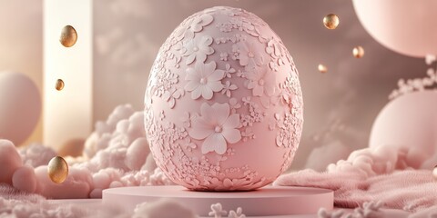 Obraz premium A detailed 3D-rendered Easter egg in soft pink with intricate flower designs, set on a pastel-colored pedestal with floating golden accents