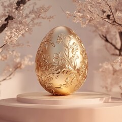A detailed 3D-rendered golden egg with floral designs, placed on a pastel-colored platform with soft lighting