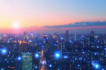 City skyline illuminated with lights at dusk.