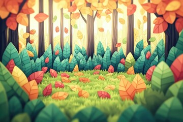 Vibrant autumn leaves scattered on the ground in a serene forest Close-up of colorful foliage among bushes with blurred green grass in the background