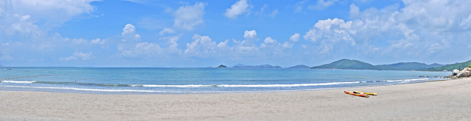 Panarama landacpe natural photography with ocean, sky, mountain, clous and beach