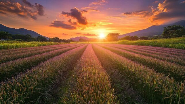 A serene riceberry rice field at sunset with golden sunlight casting long shadows over the lush purple-hued rice plants. The sky is ablaze with warm orange and pink hues