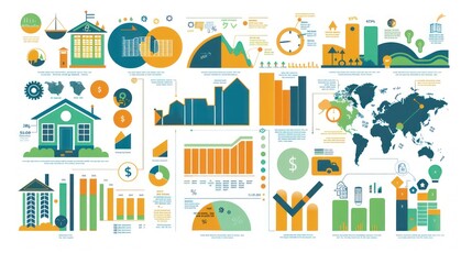 Obraz premium Infographic with various charts, graphs, and icons representing data on various topics.