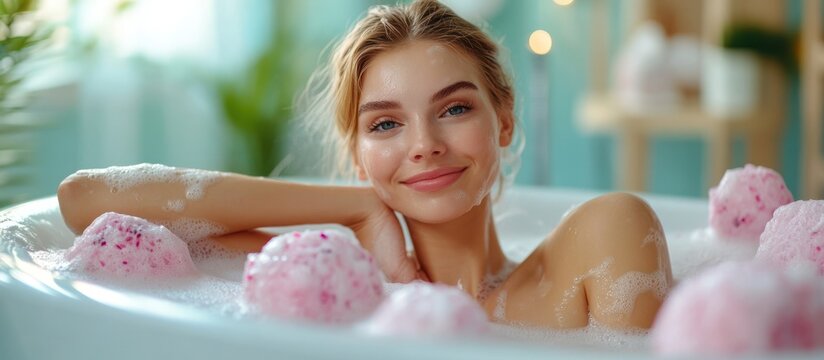 A young woman relaxes in a bath with bath bombs and foam.