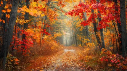A Forest Path Lined with Vibrant Autumn Foliage